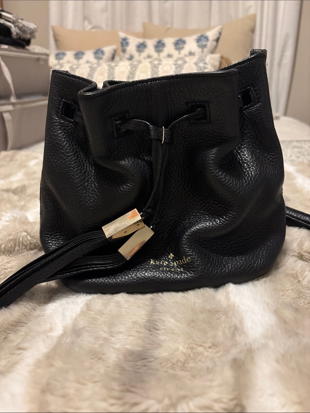 Kate Spade Black Leather Drawstring Bucket Bag